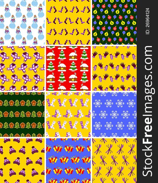 Twelve simple Christmas seamless patterns. Twelve simple Christmas seamless patterns