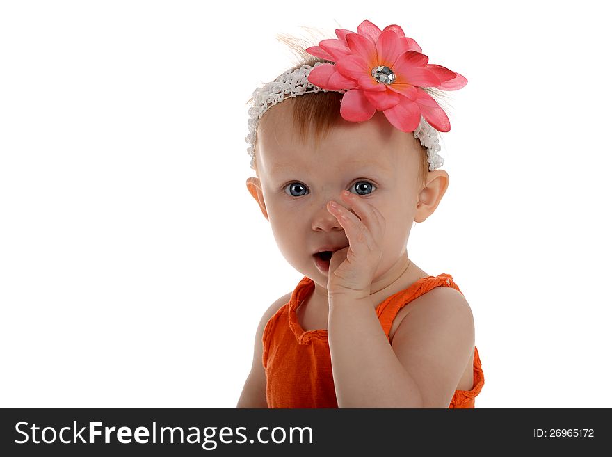 Little Girl with flower on her head isolated on a white background