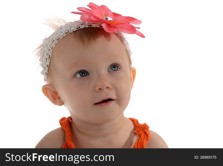 Little Girl with flower on her head isolated on a white background