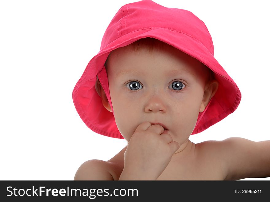 Portrait of Baby Girl with pink hat isolated on a white background