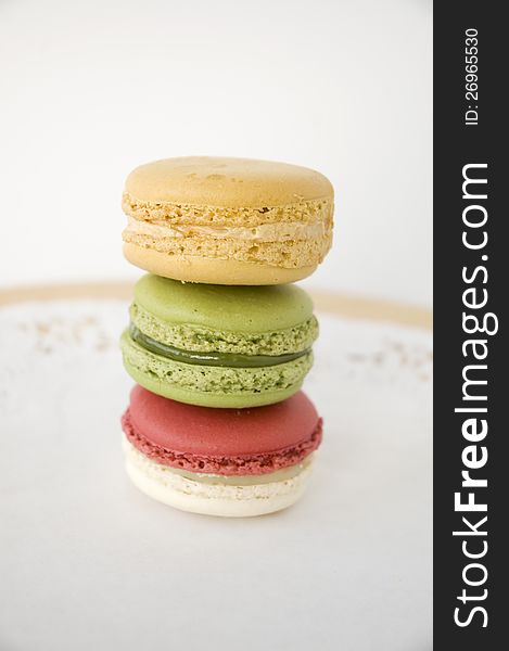 Stack of three color french macarons. Stack of three color french macarons