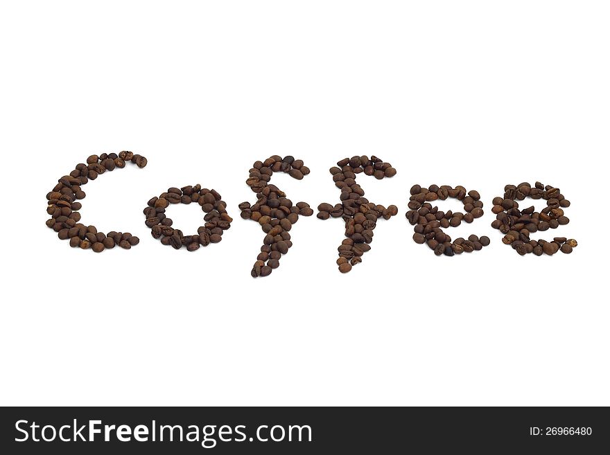 Coffee beans form word Coffee on white with soft shadows