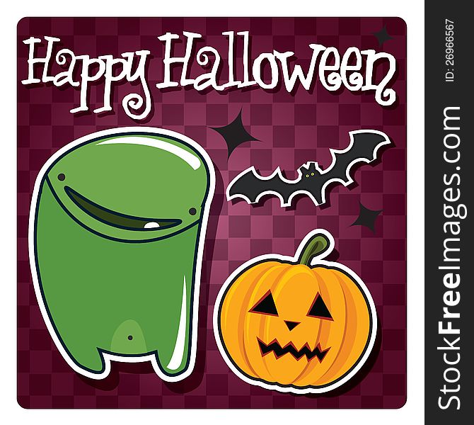 Happy Halloween card with cute monsters, pumpkin and a bat, vector