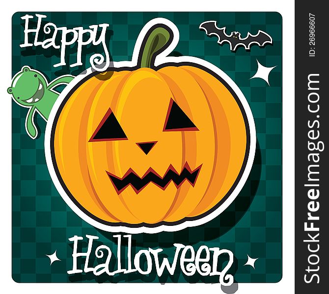 Happy Halloween card with cute monsters, pumpkin and a bat, vector