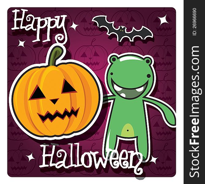 Happy Halloween card with cute monsters, pumpkin and a bat, vector