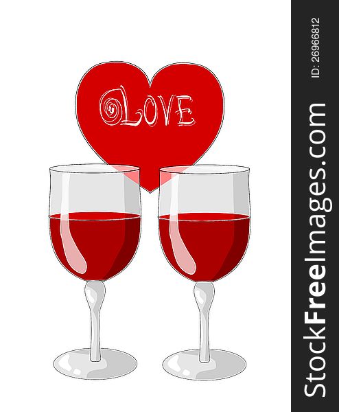 One heart and two glasses of wine - valentines day.