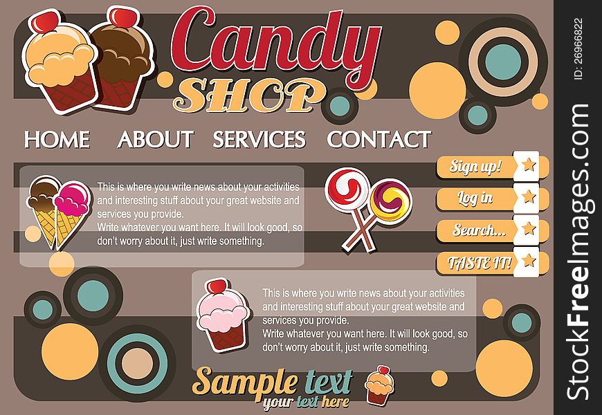 Website template design elements, vintage retro, candy shop, vector