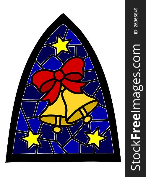 Two golden christmas bells on blue stained-glass window.