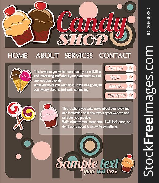 Website template design elements, vintage retro, candy shop, vector