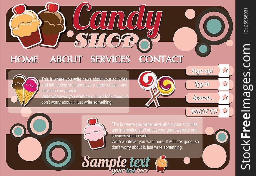 Website template design elements, vintage retro, candy shop, vector