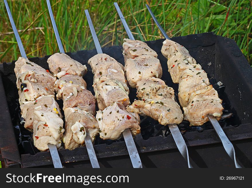 Marinated meat on skewers ready for roasting. Marinated meat on skewers ready for roasting