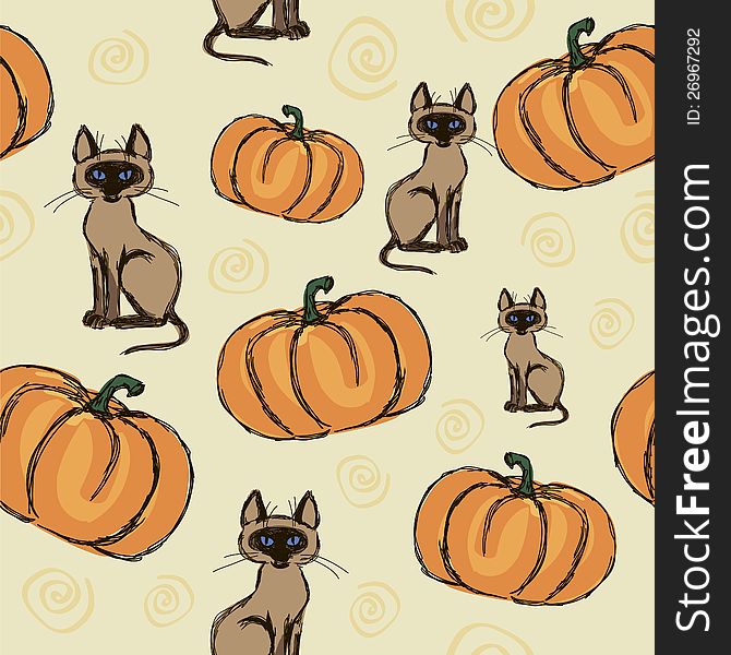 Illustration texture negligent sketch of a cat on a pumpkin. Illustration texture negligent sketch of a cat on a pumpkin