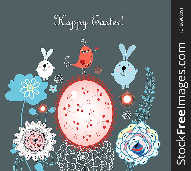 Merry festive Easter card with rabbits and eggs on a blue background with flowers and birds