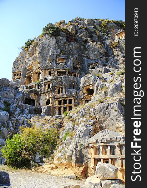 Demre lician mountains tombs in Turkey and blue sky