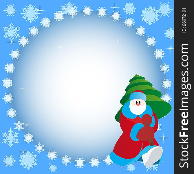 Christmas illustration. Santa Claus with a Christmas tree on the background of snowflakes.