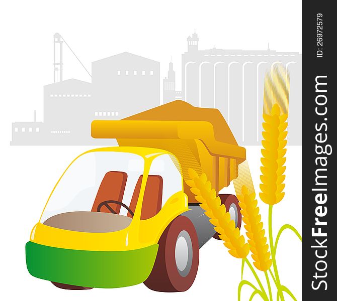 Ear of wheat and truck against the elevator. Illustration on white background. Ear of wheat and truck against the elevator. Illustration on white background.