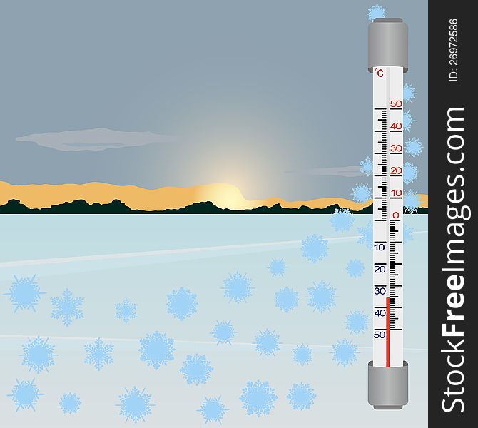 Thermometer against the winter landscape. The illustration on a white background