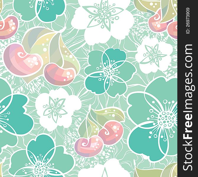 Cherry in pastel colors. Vector seamless pattern