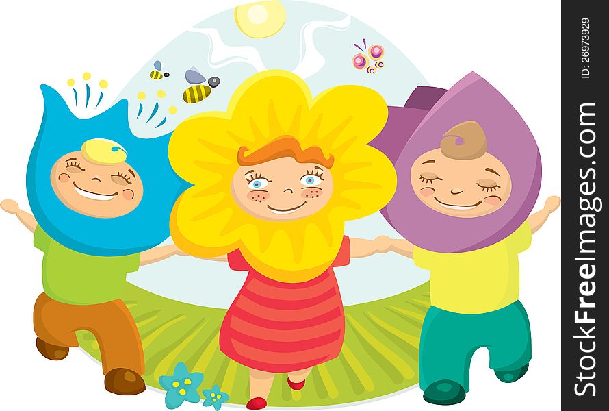 Three happy children in nature. Vector