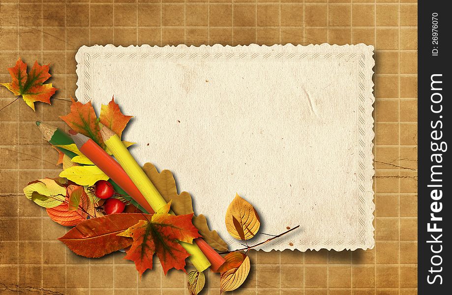 Victorian background with old card,autumn leaves and pencils. family album. Victorian background with old card,autumn leaves and pencils. family album