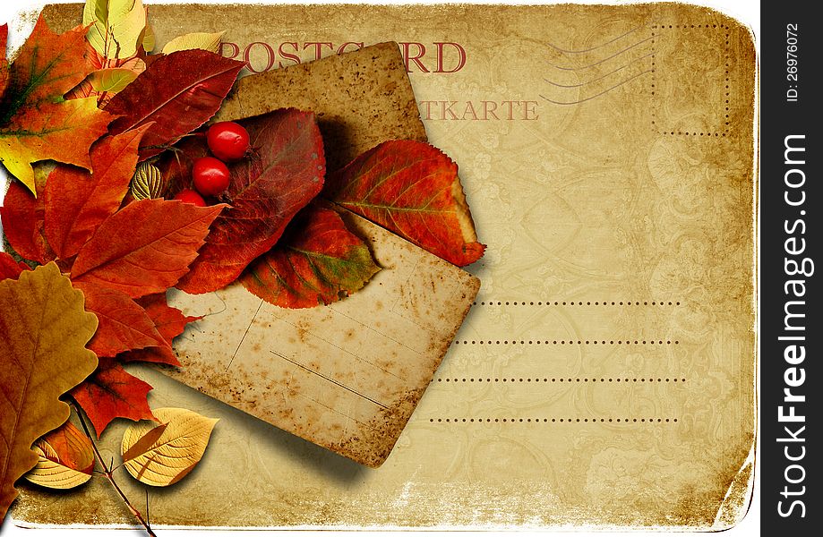 Victorian background with old postcard with autumn leaves. Victorian background with old postcard with autumn leaves