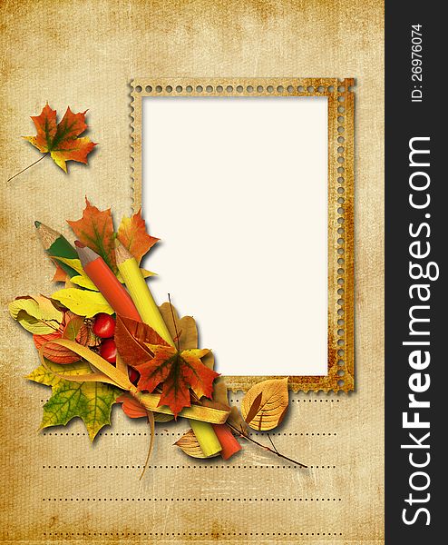 Vintage background with stamp-frames and pencils, and autumn leaves.famiy album