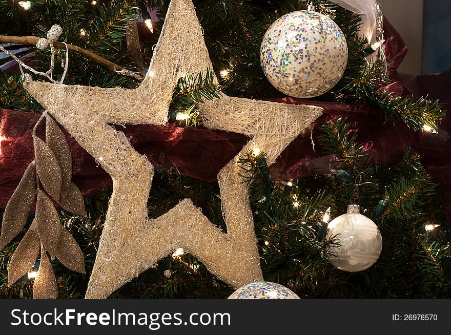 Christmas star and ball decoration with branch of Christmas tree. Christmas star and ball decoration with branch of Christmas tree