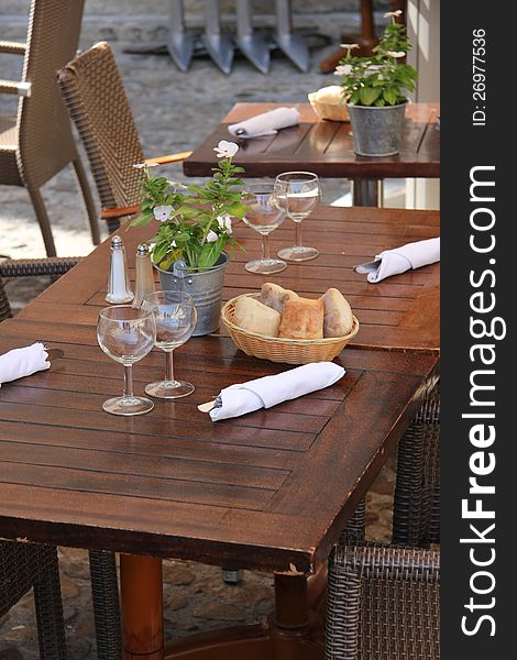 Wooden tables at a restaurant