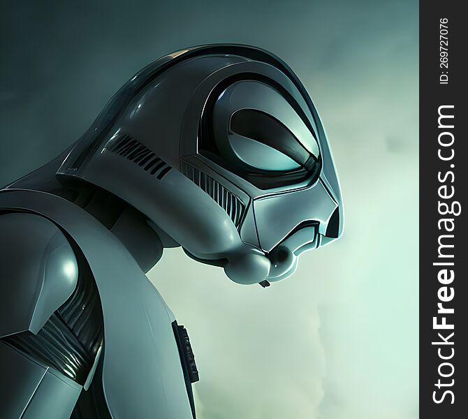 Science Fiction Space Age Robot, Shining Metal Alien Robot, Smoky Background - Created By AI