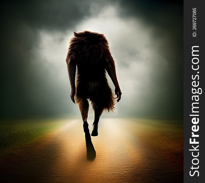 Little Red Riding Hood Concept, the defeated wolf walking away down the road - created with AI