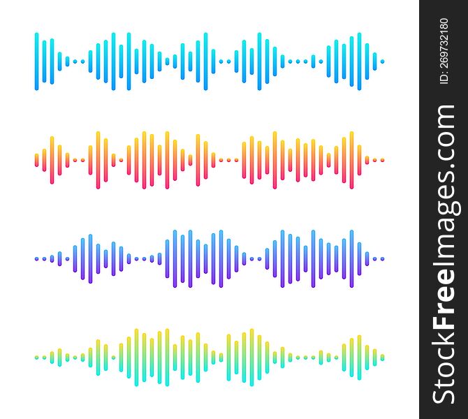 Colorful music sound waves. Set of 4 audio waves with gradient. Illustration on white background.