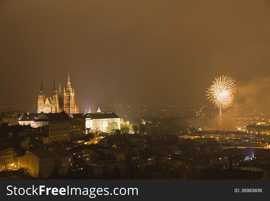 Fireworks next to prague castle on new year's eve. Fireworks next to prague castle on new year's eve