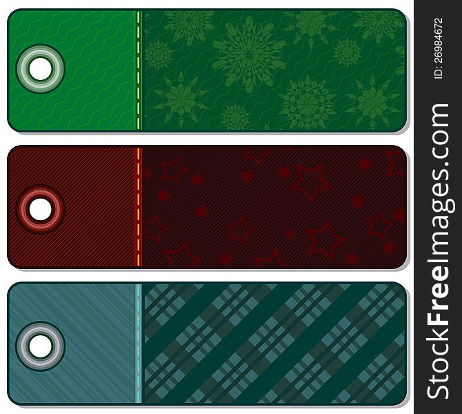 Three textured Christmas tags with stitches and shadows. Three textured Christmas tags with stitches and shadows