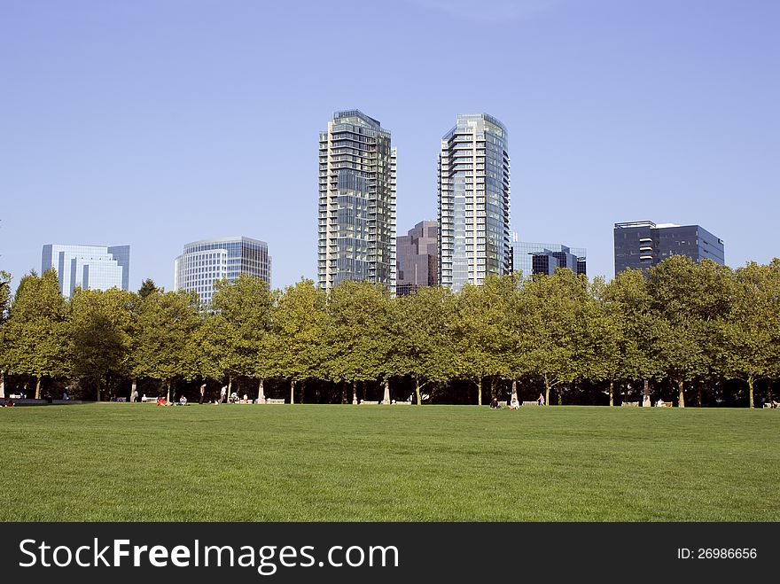 Modern business buildings has a park with green lawn and tree line in the front.