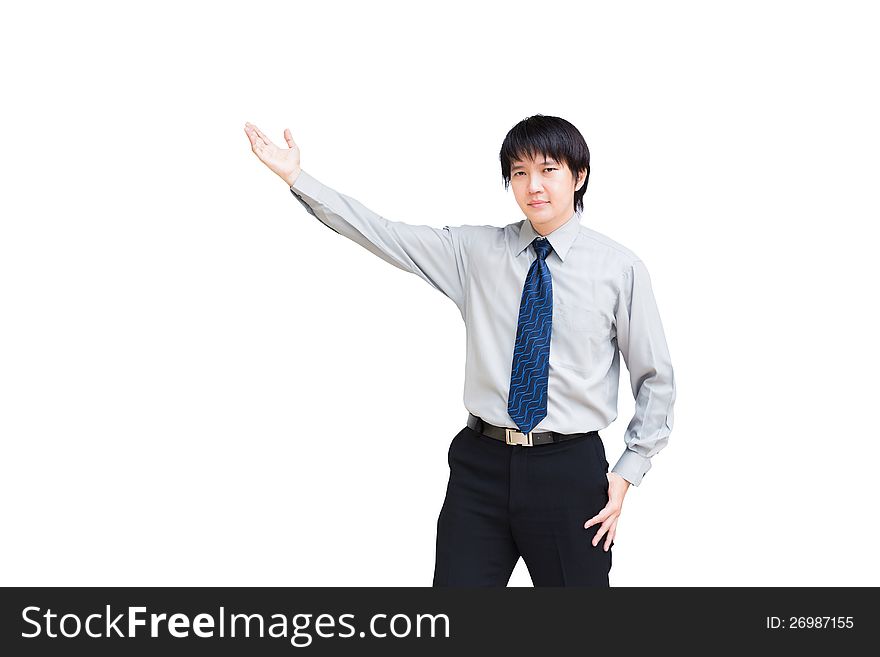 Asian business man giving presentation on white background