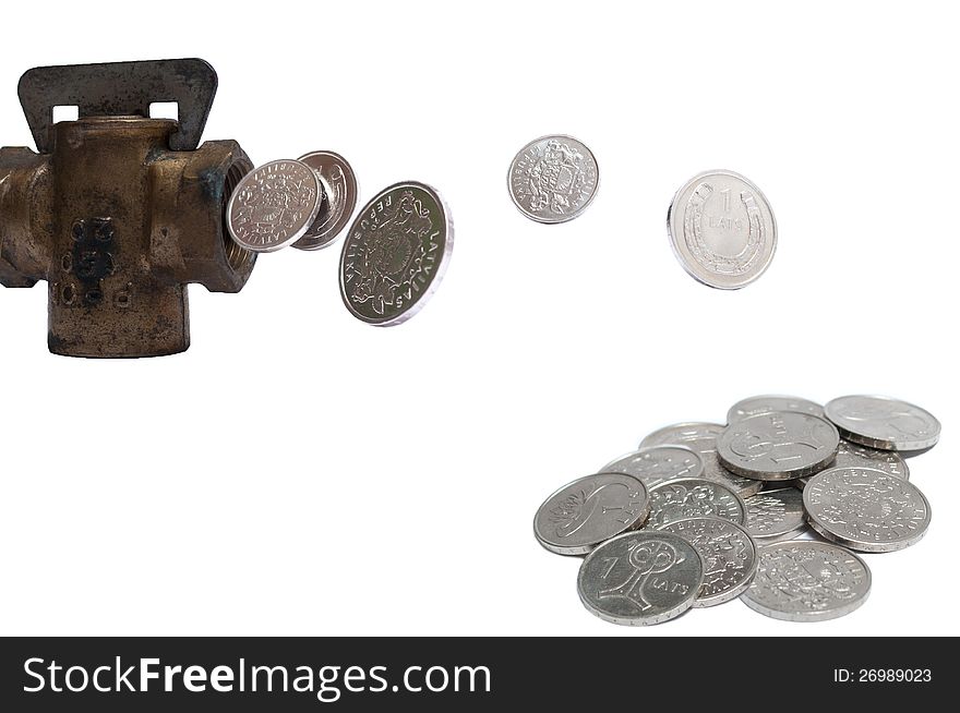 Valve shooting coins isolated on white