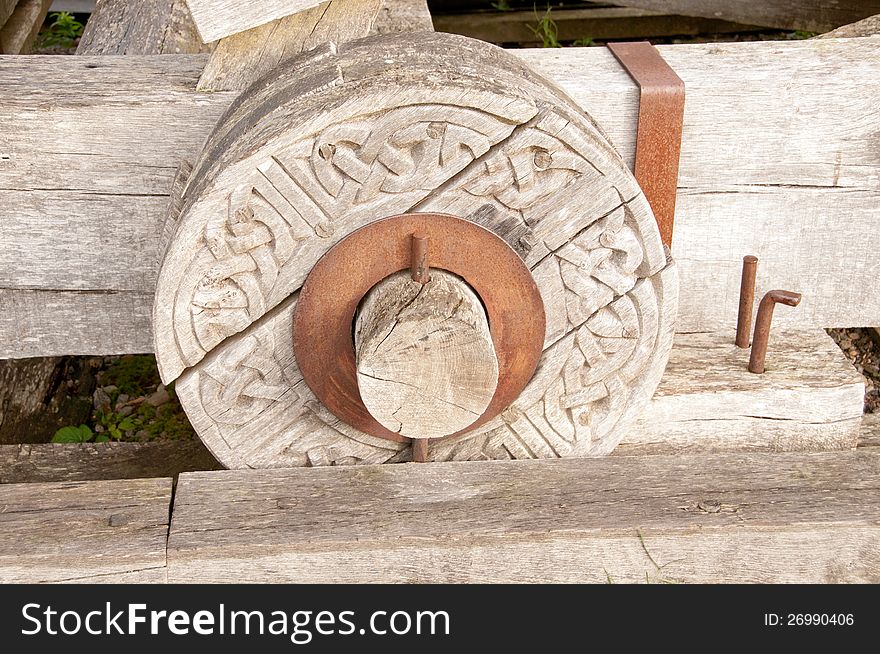 Wooden Wheel with a celtic pattern, Urquhart Castle,Loch-ness, Highlands,Scotland,UK