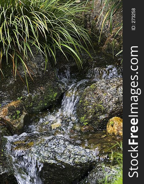 Manmade waterfall in Japanese garden.