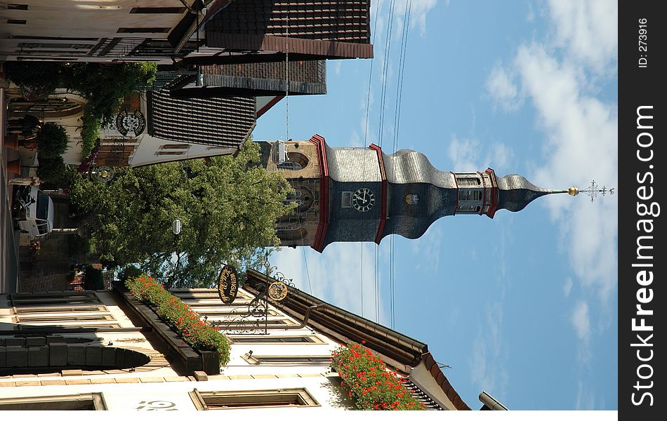 Church tower and street in Kallstadt, Germany