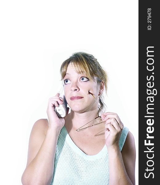 Isolated woman on phone thinking. Isolated woman on phone thinking