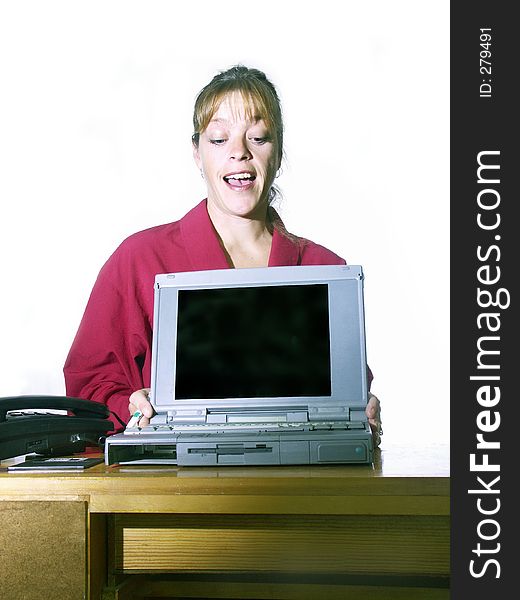 Woman isolated presenting with a laptop. Woman isolated presenting with a laptop