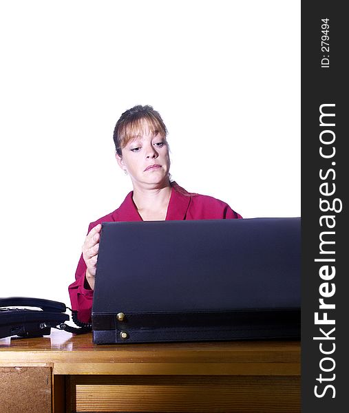 Office woman looking in a briefcase