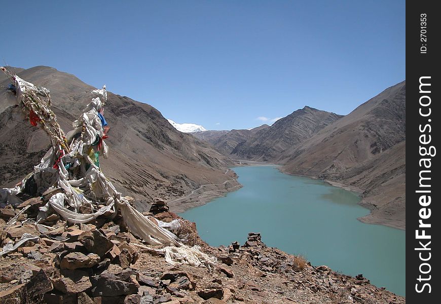 View from prayer point in Tibet down to lake. View from prayer point in Tibet down to lake