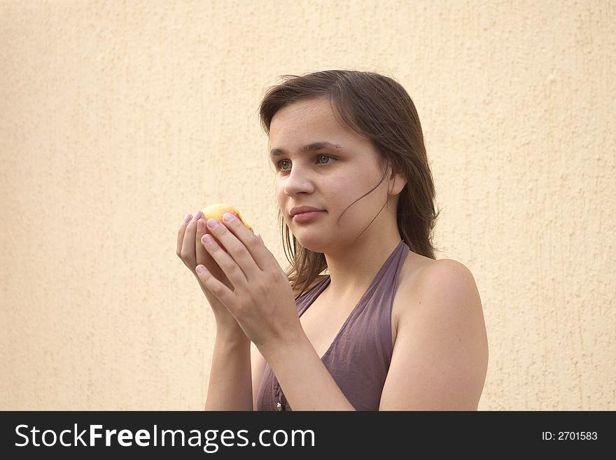 Girl Eating Big Peach