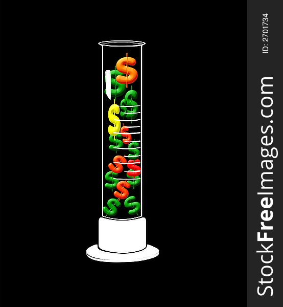 Dollar signs in a glass laboratory beaker. Dollar signs in a glass laboratory beaker