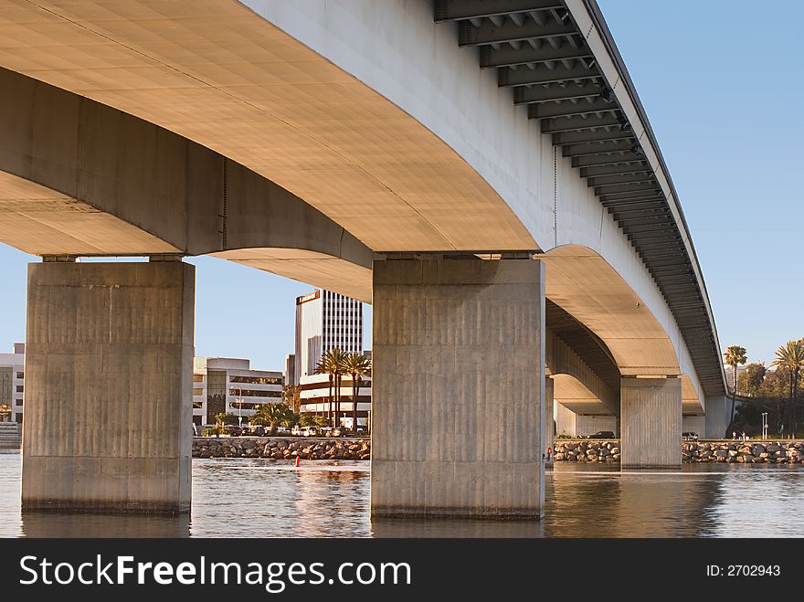 Queensway Bridge in Long Beach from underneath in late afternoon.