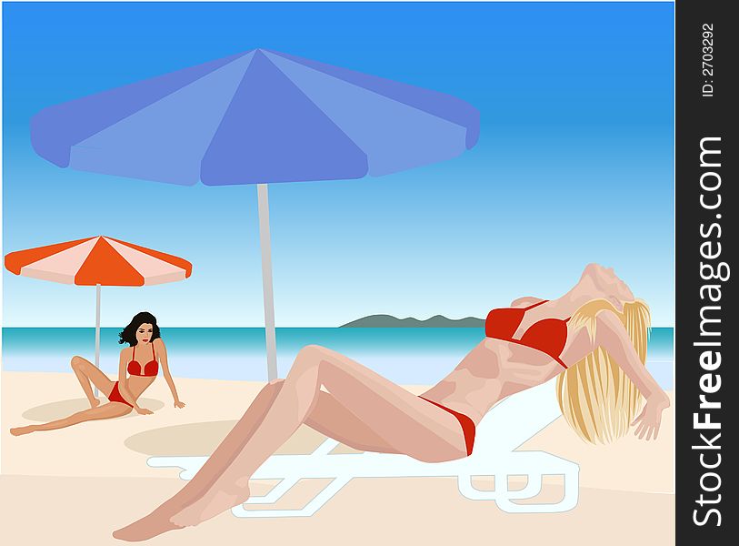 Attractive girls on beach vector illustration