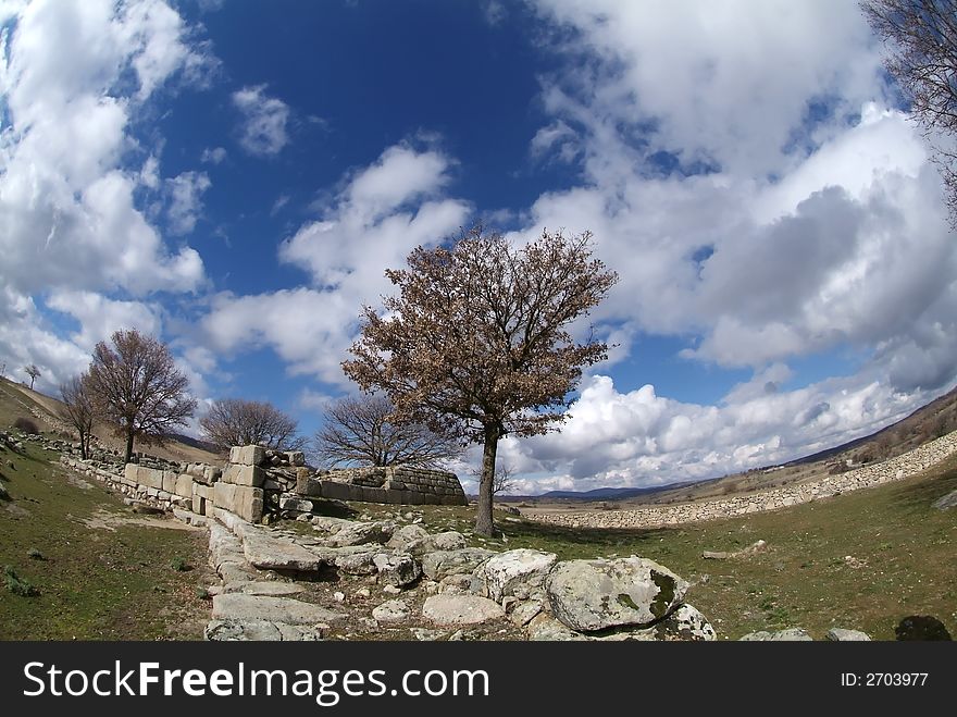 Tree alone u8nder blue cloudly sky with ancient ruins. Tree alone u8nder blue cloudly sky with ancient ruins