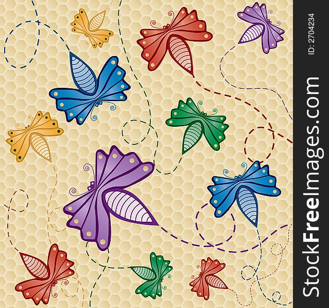 Colorful Flying Bugs, bugs and background are on seperate layers of vector file for easy editing