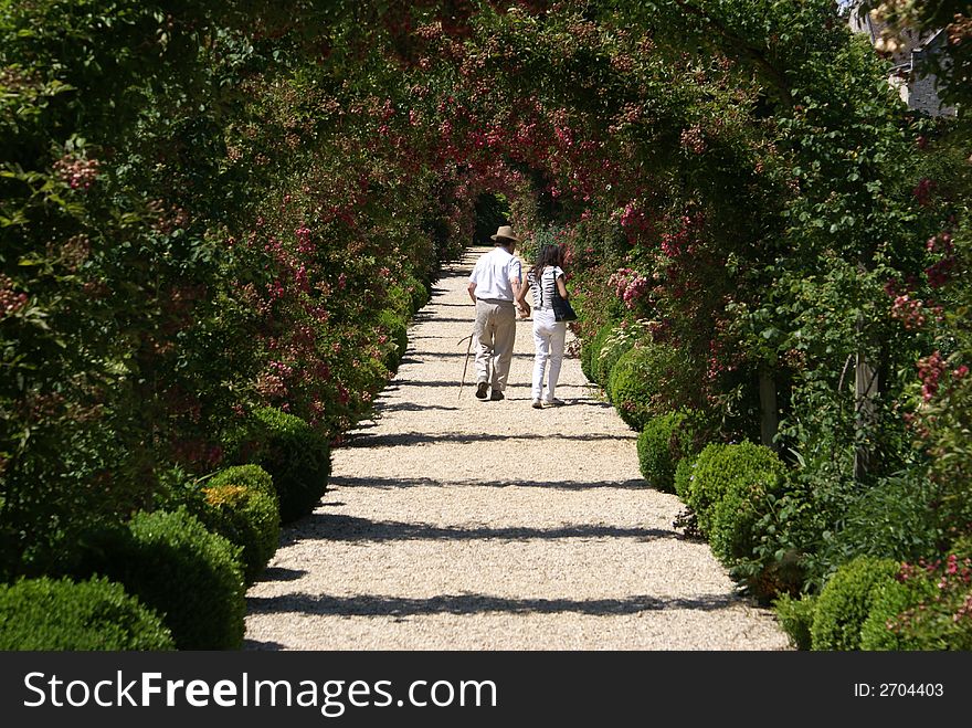 A couple holding hands in a nice garden path. A couple holding hands in a nice garden path